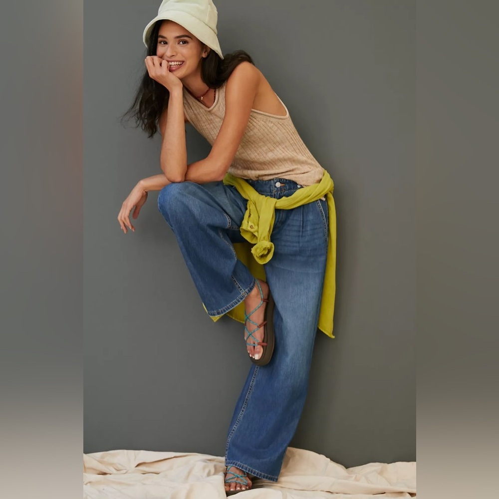 Anthropologie Pilcro The Pleated Baggy High Rise Jeans Wide Leg 29 Dark Wash - Picture 6 of 14
